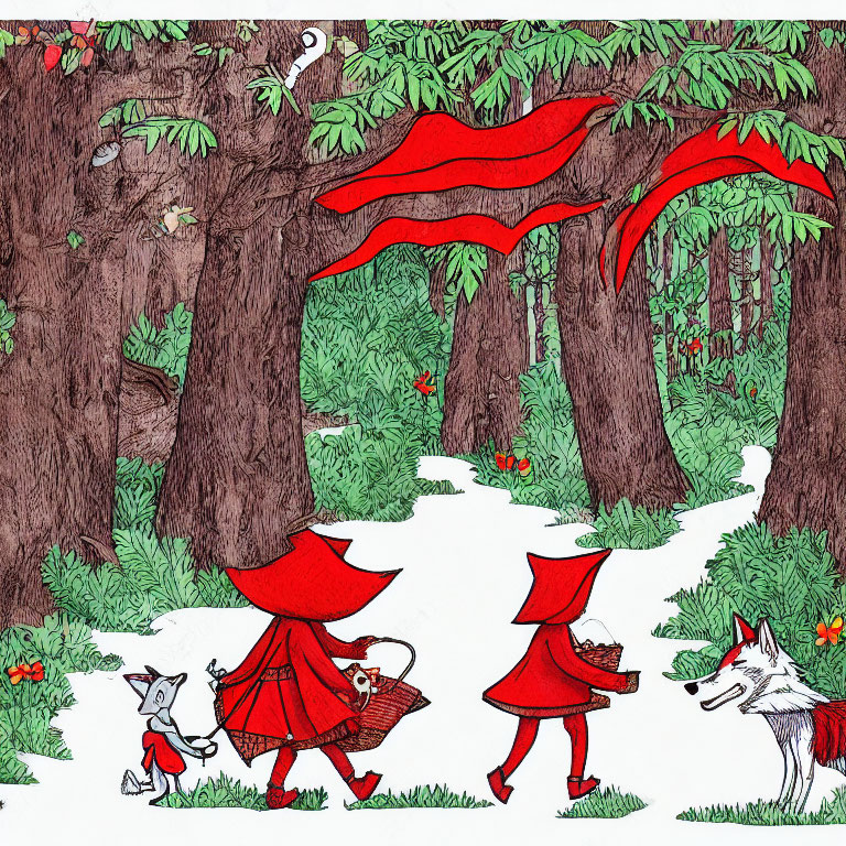 Illustration: Little Red Riding Hood and wolf in dense forest with red banners