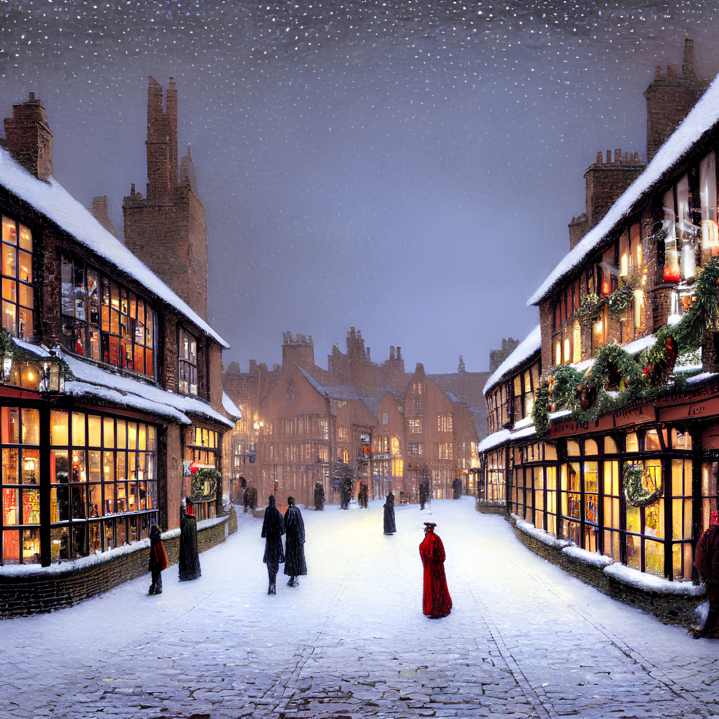 Snowy Evening Scene: Historic Buildings, People Walking, Warm Lights