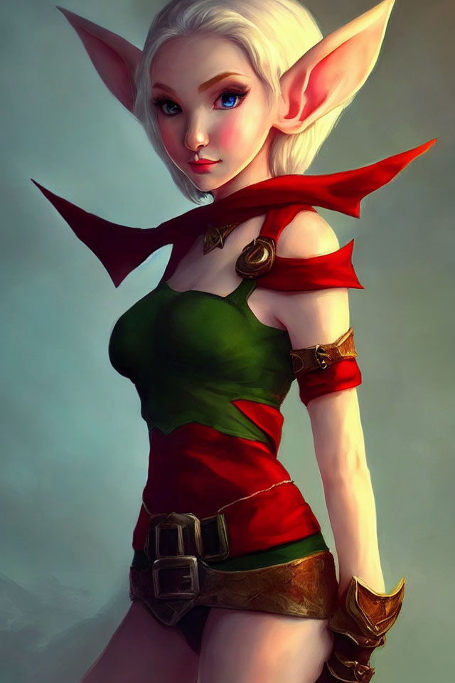 Illustration of female elf with pointed ears, blue eyes, green & red outfit, gold bracers