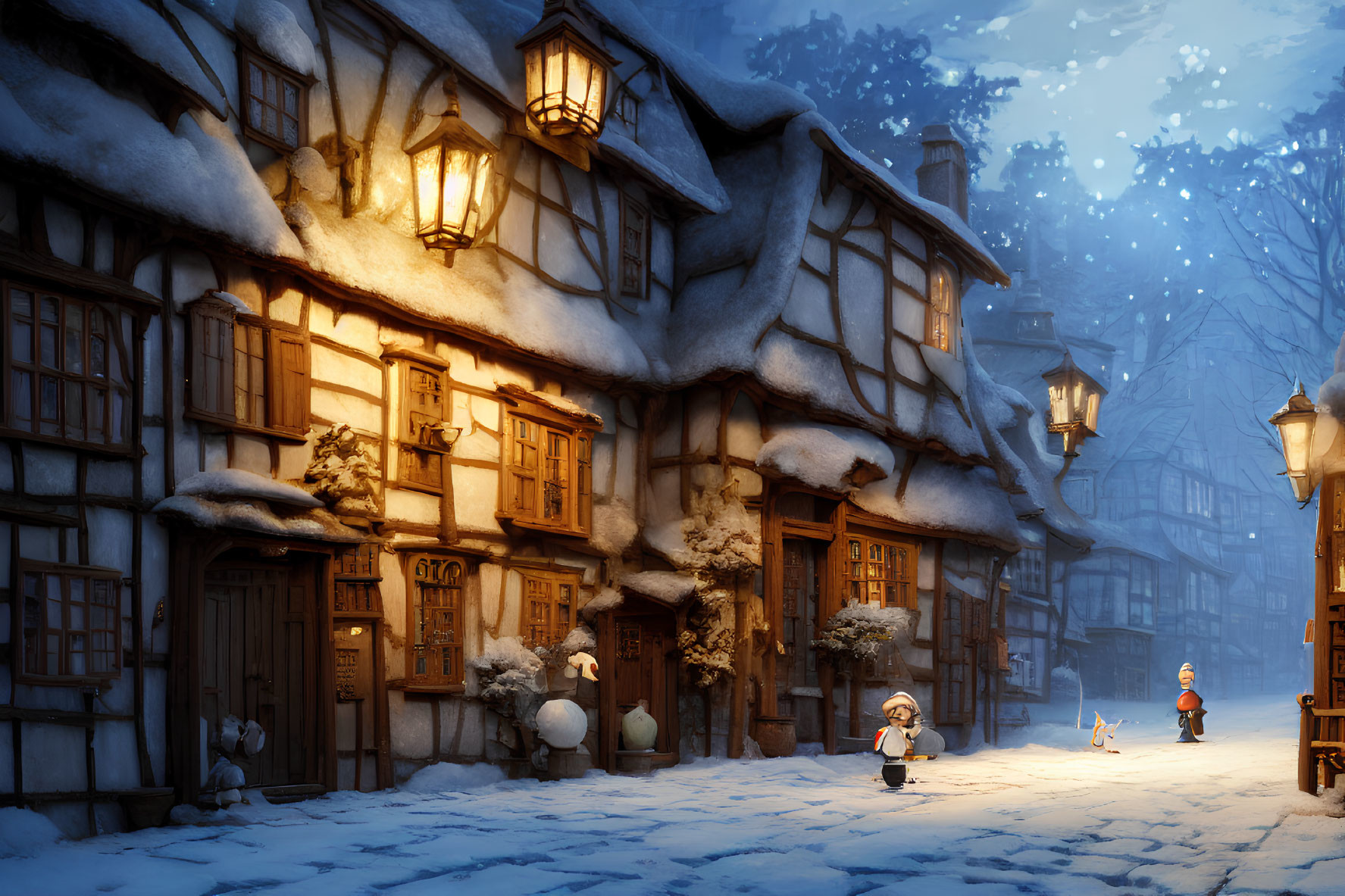 Snow-covered village street at dusk with glowing lanterns and child building snowman