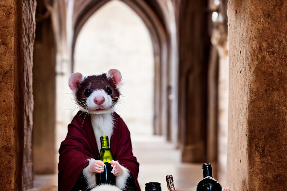 Ferret in Red Cloak with Green Bottle in Stone Corridor