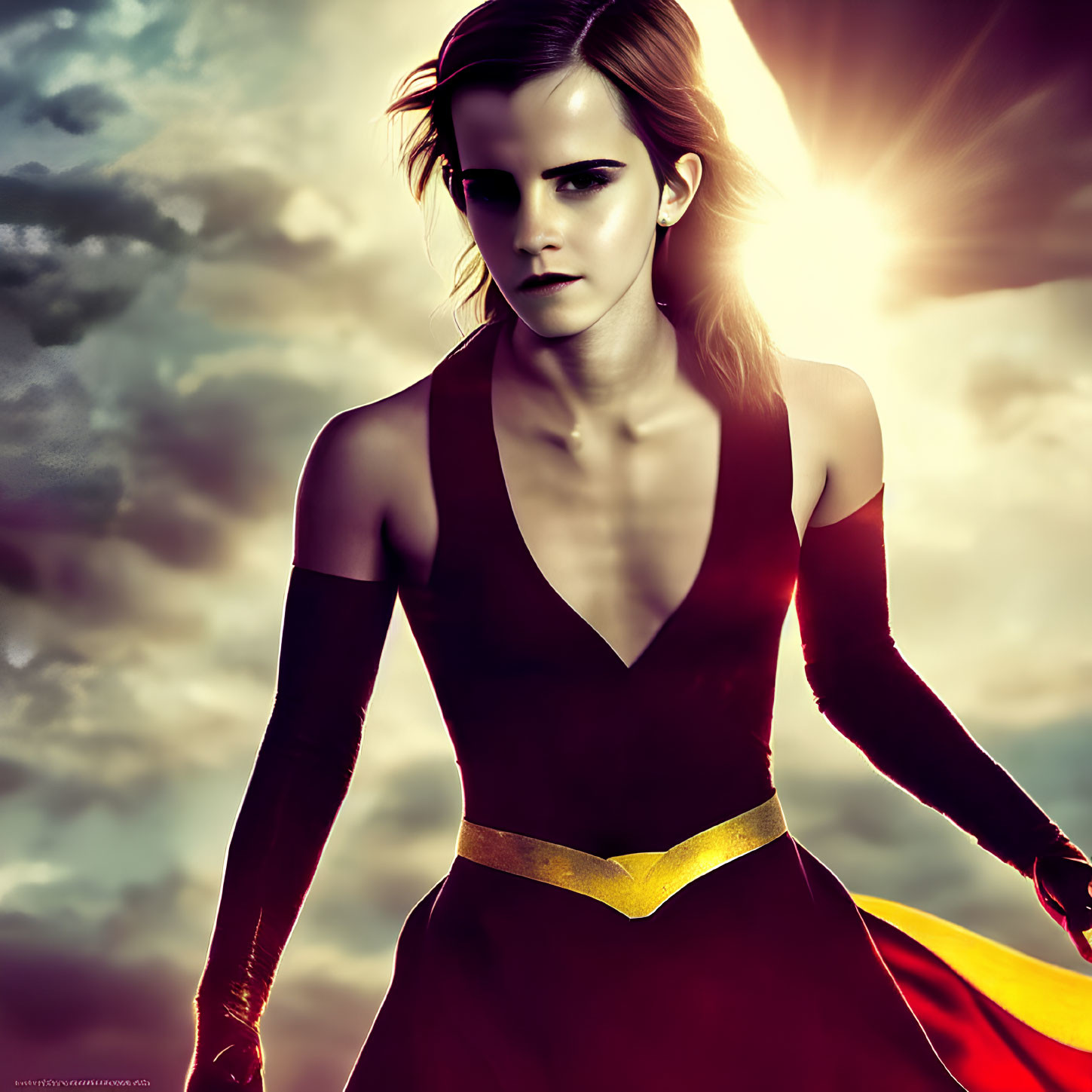 Confident woman in superhero costume under dramatic sky