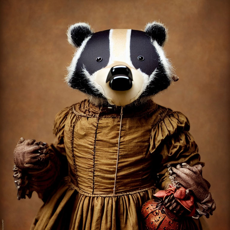 Whimsical portrait of person in vintage outfit with badger mask and pomegranate