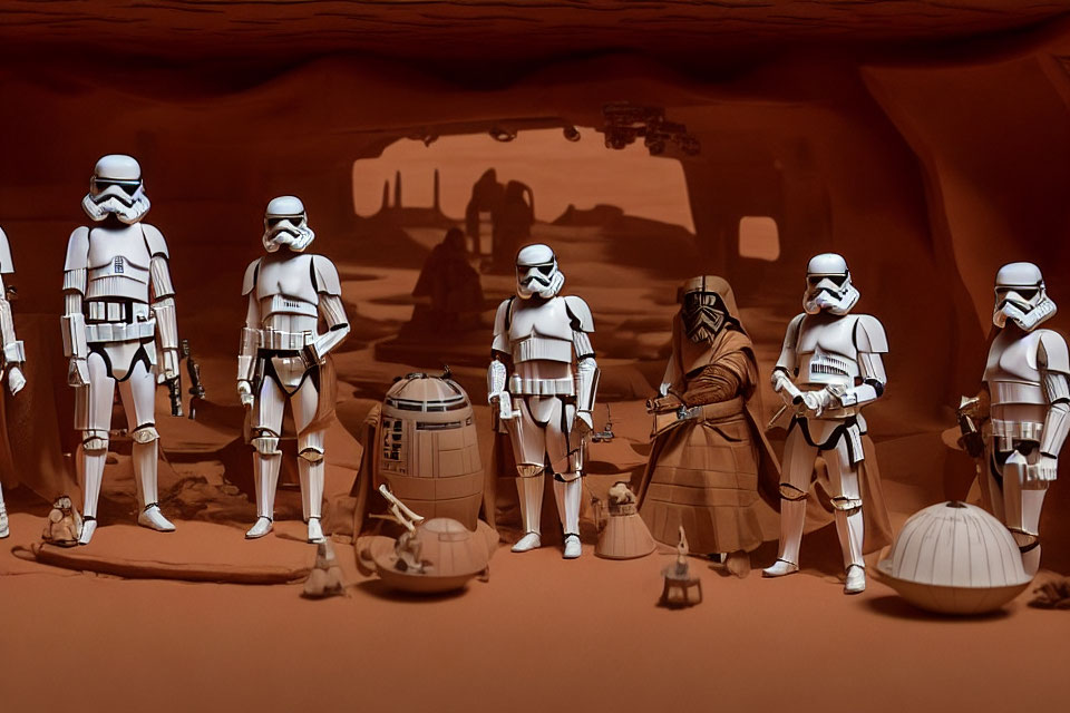 Stormtroopers and character in cape in desert setting with silhouettes