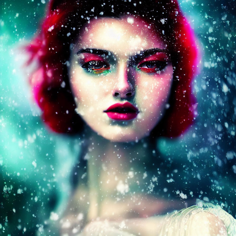 Digital artwork: Woman with red hair and eyes in falling snowflakes.