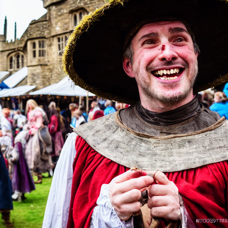 Smiling man in historical costume at crowded outdoor event