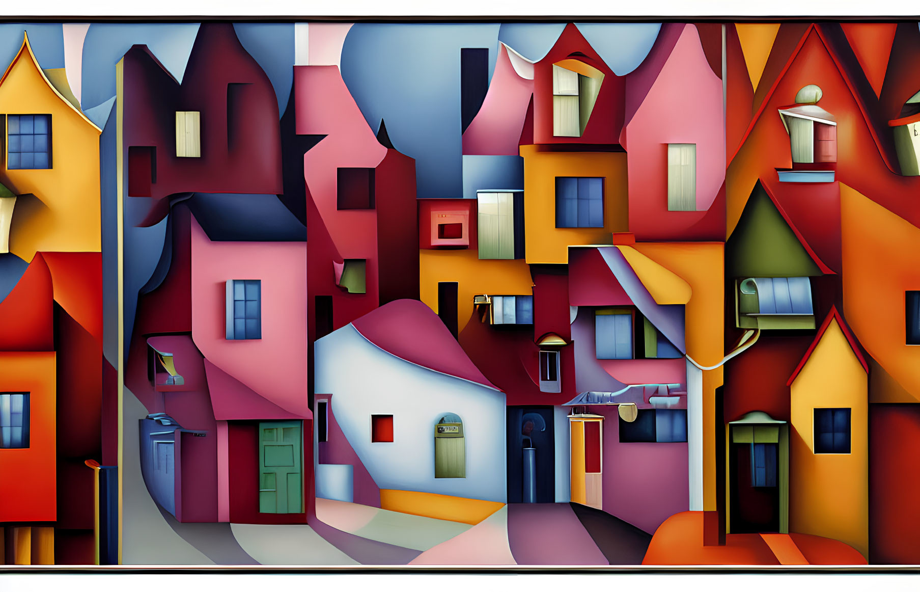 Vibrant painting of whimsical village with abstract, curved buildings