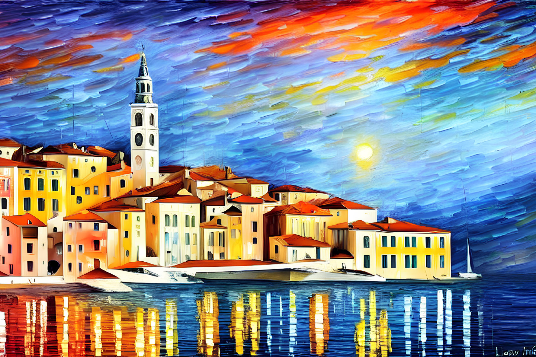 Colorful Coastal Town Sunset Painting with Reflective Water & Dramatic Sky