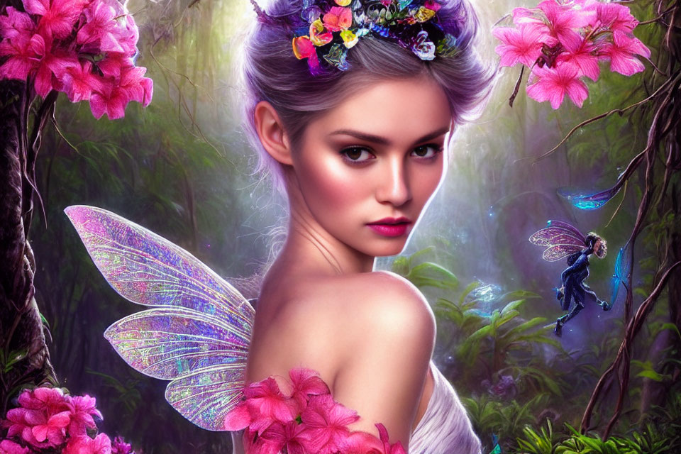 Illustration of fairy woman with delicate wings in lush foliage.