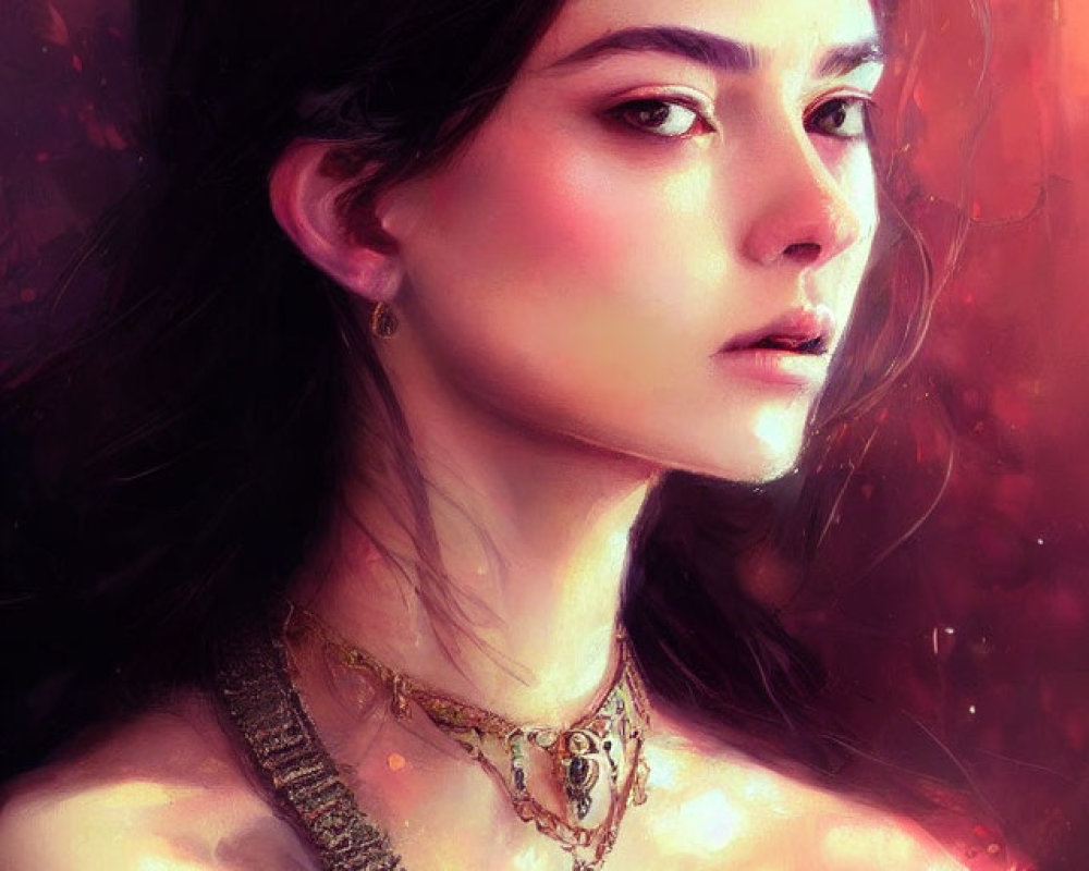 Digital portrait of woman with contemplative expression and detailed golden necklace in warm tones