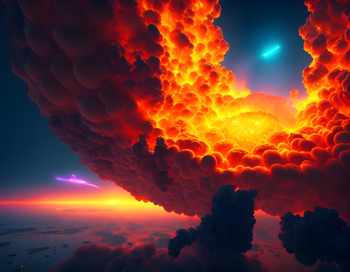 Glowing orange clouds and neon blue streaks in surreal sky