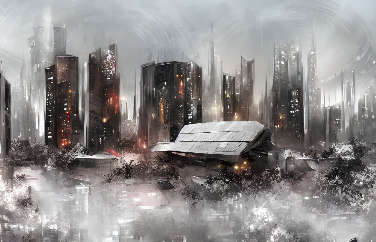 Futuristic cityscape with mist, skyscrapers, flying vehicle, and white blossoms