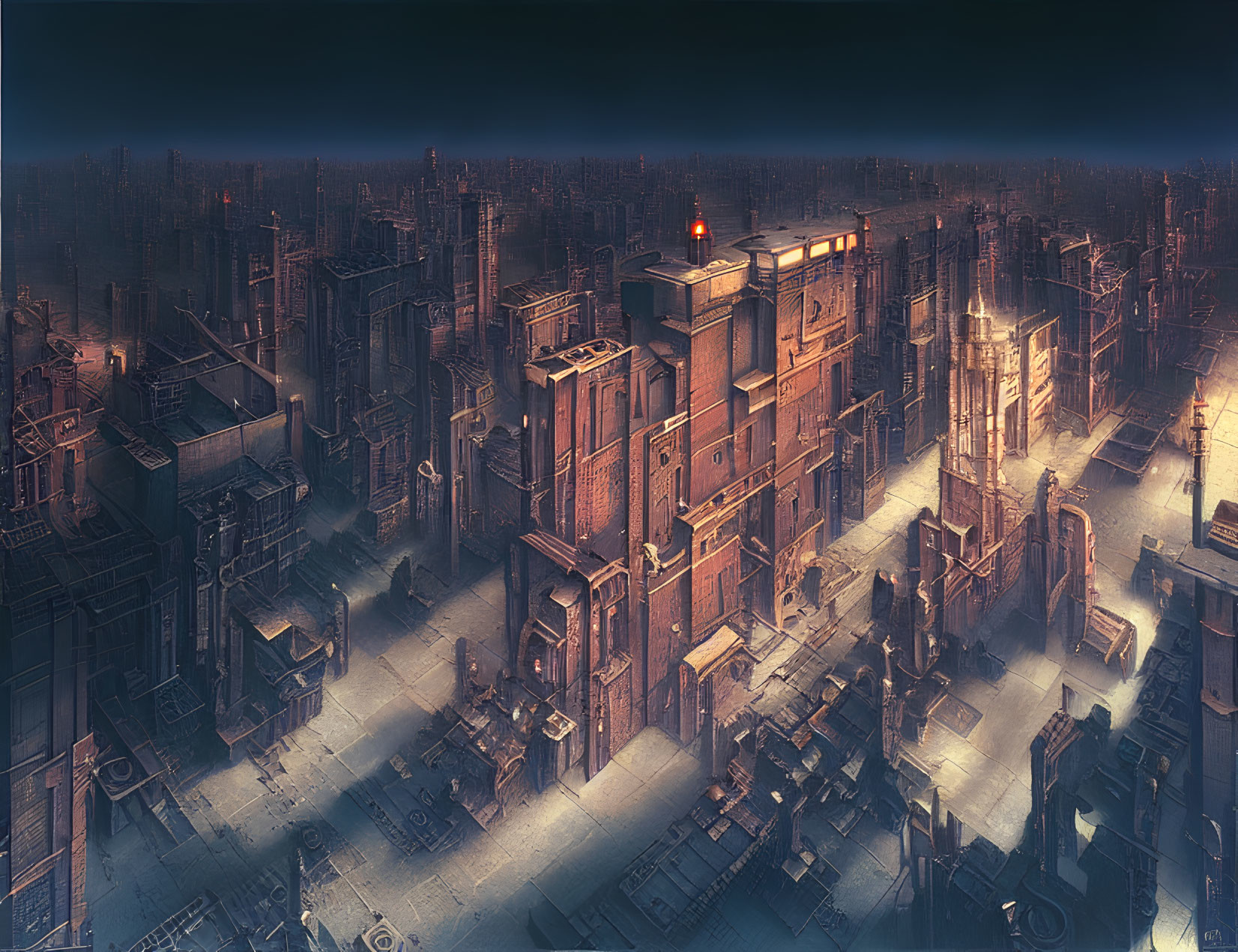 Dystopian industrial cityscape at night with blue hue and red light