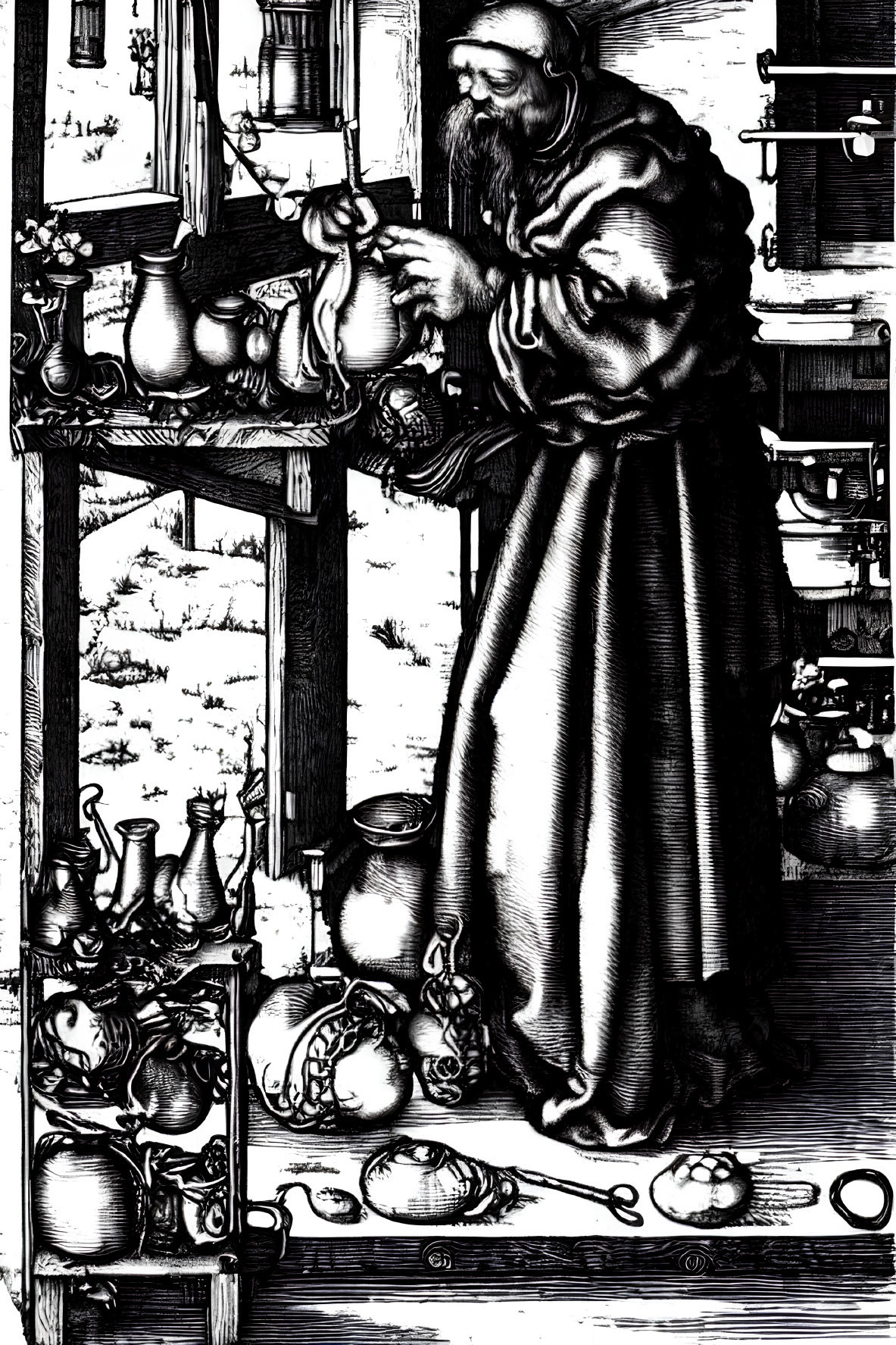 Bearded man in robes inspects jars in medieval storeroom