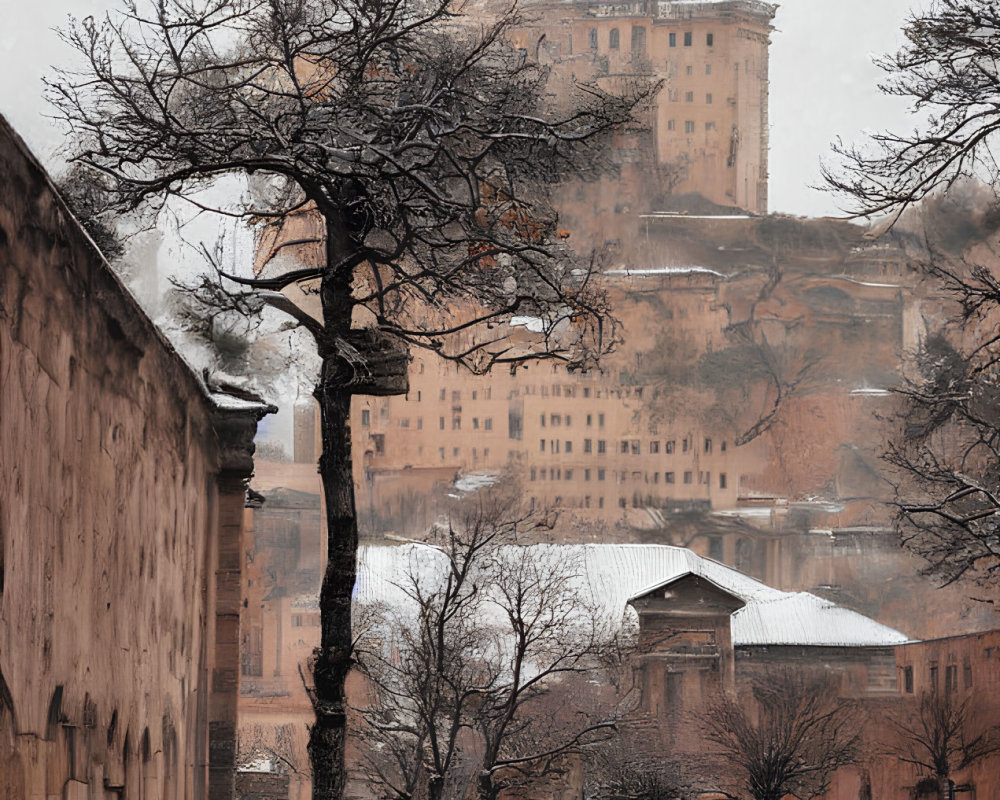 Snowy landscape with leafless tree and historic structure on hilltop