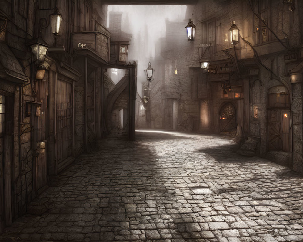 Foggy cobblestone alley with vintage lanterns and archways