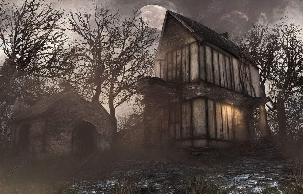 Eerie Tudor-style house under crescent moon and twilight sky