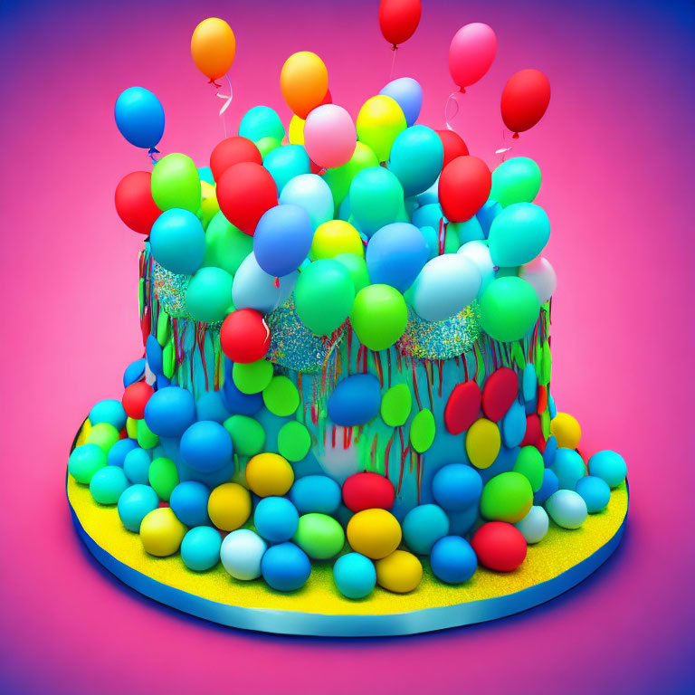 Vibrant two-tiered cake with sprinkles, candies, and balloons on pink background