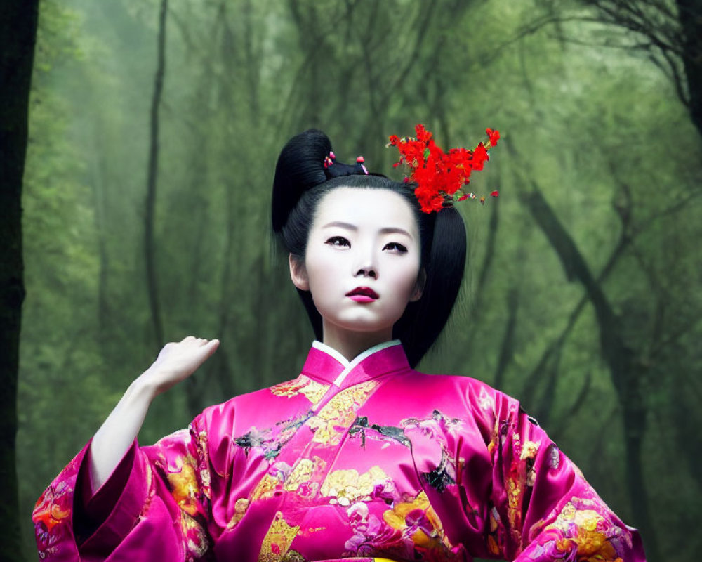 Traditional Geisha Attire with Red Flowers in Hair, Green Forest Background