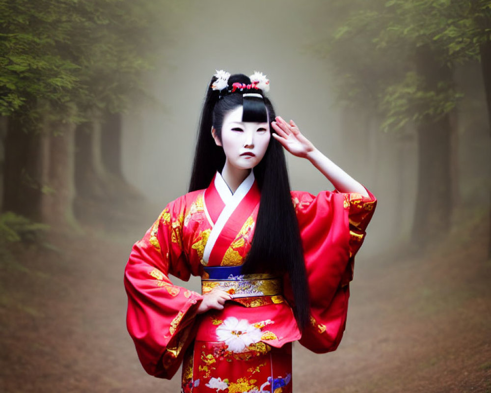 Traditional red kimono with flower patterns in misty forest saluting.