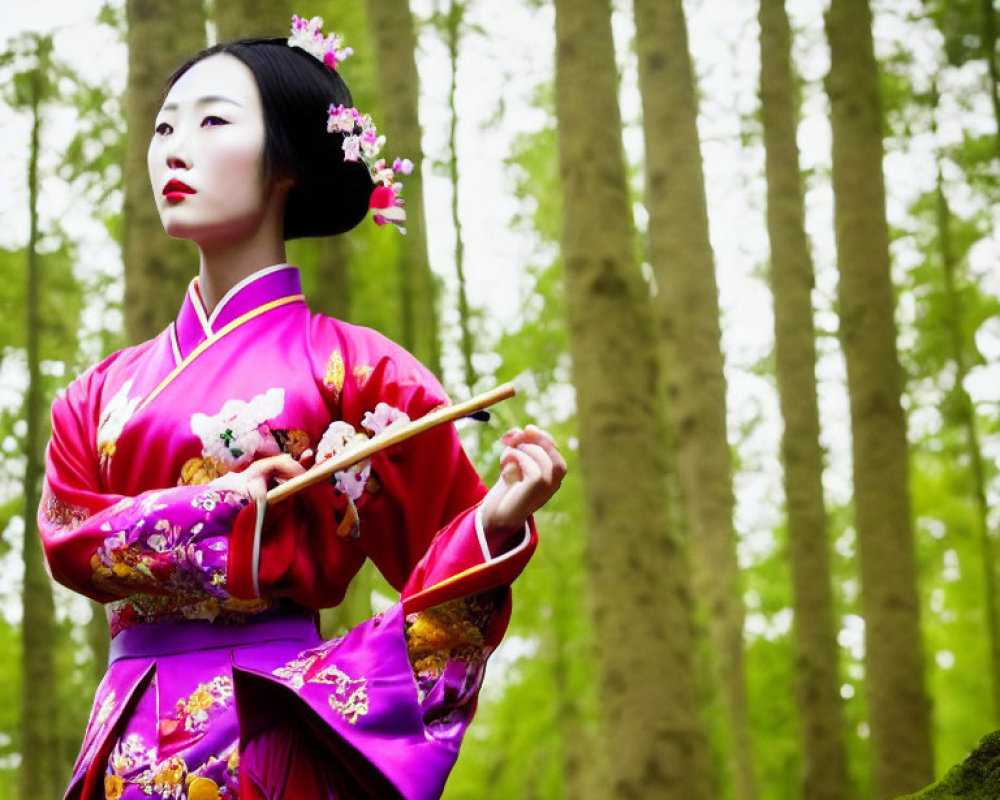 Woman in Pink and Purple Floral Kimono with Chopsticks in Green Forest