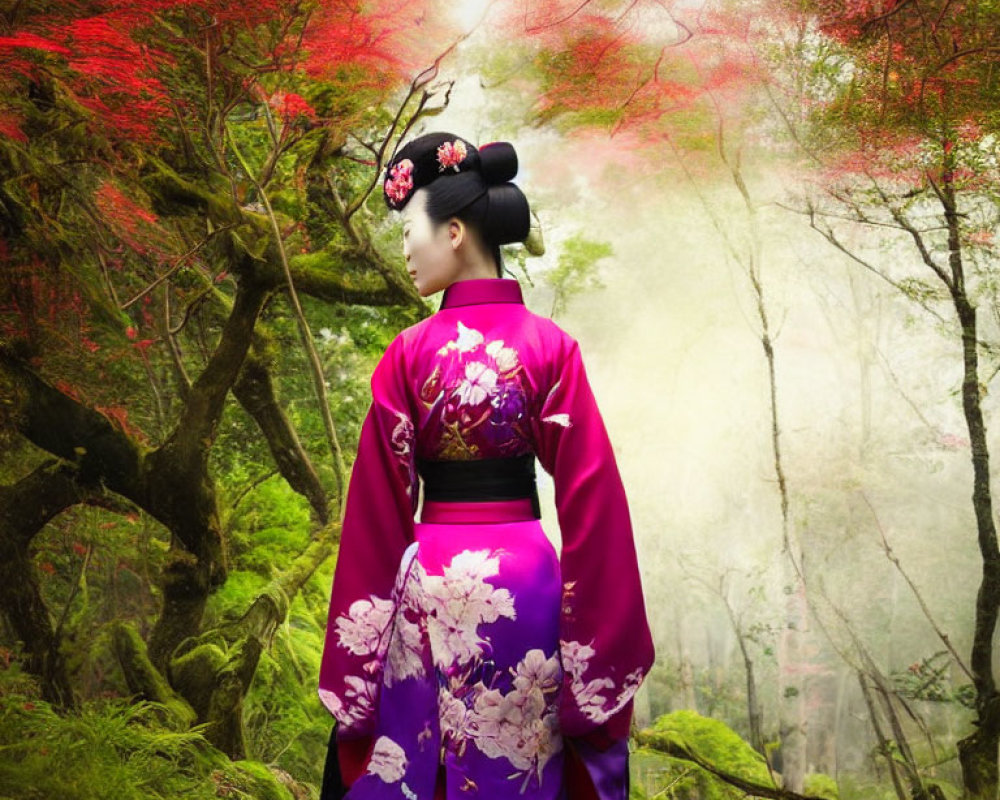 Woman in Vibrant Purple Kimono Amid Mist and Red Foliage