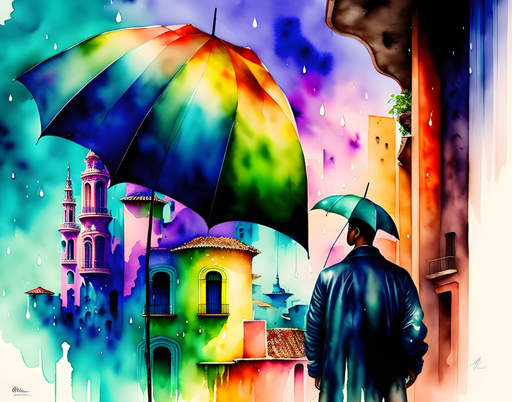 Colorful Street Scene in the Rain with Person Under Umbrella