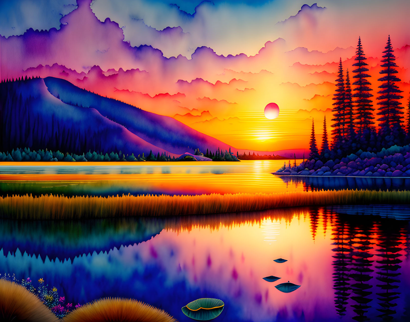 Colorful sunset landscape with mountain reflections on calm lake.