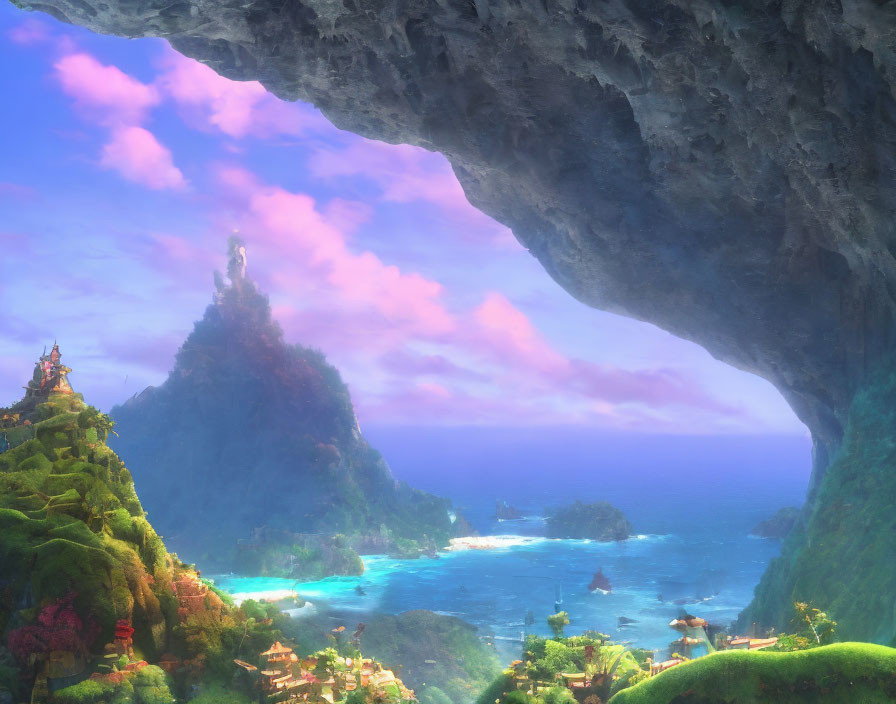 Fantasy landscape with lush greenery, rocky cliff, blue waters, and mystical structures