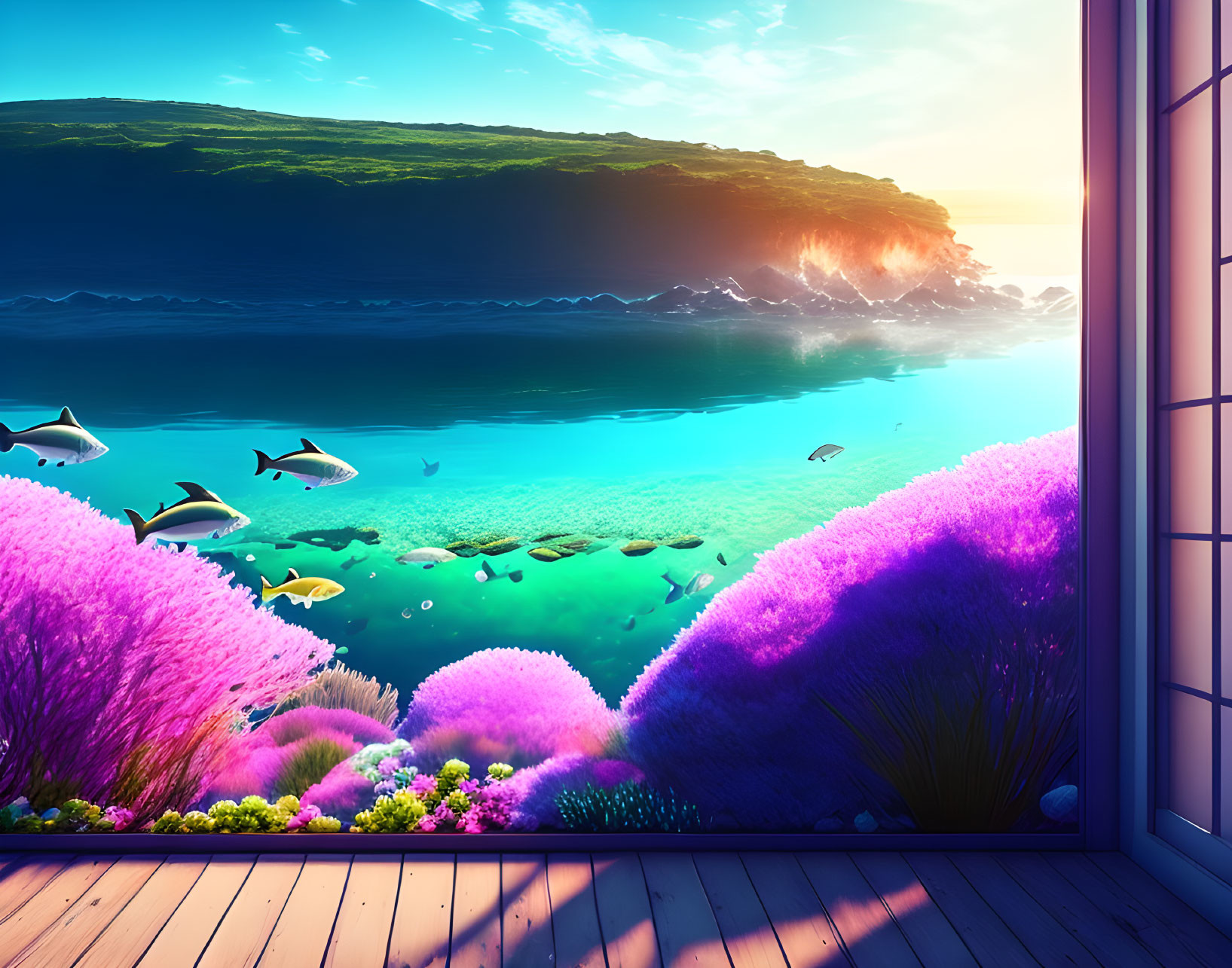 Room with Vibrant Coral, Tropical Fish, and Sunlit Coastline View