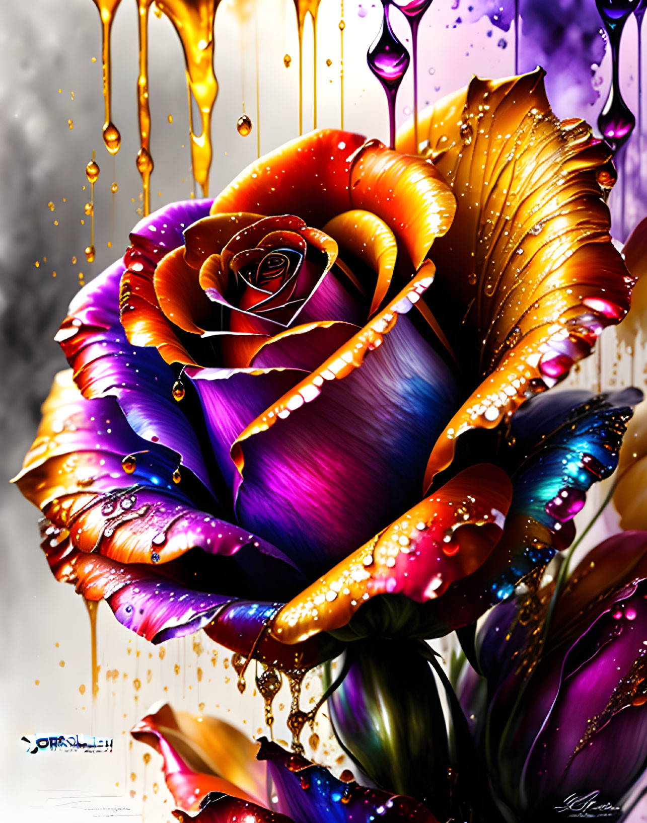 Multicolored digitally-enhanced rose with water droplets on moody background