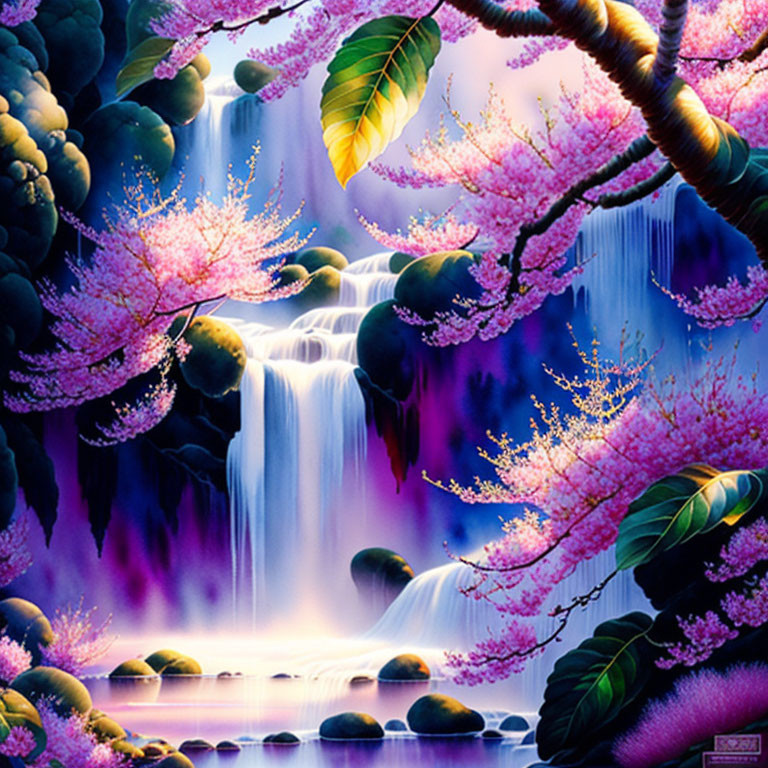 Vibrant waterfall surrounded by lush greenery and pink blossoming trees