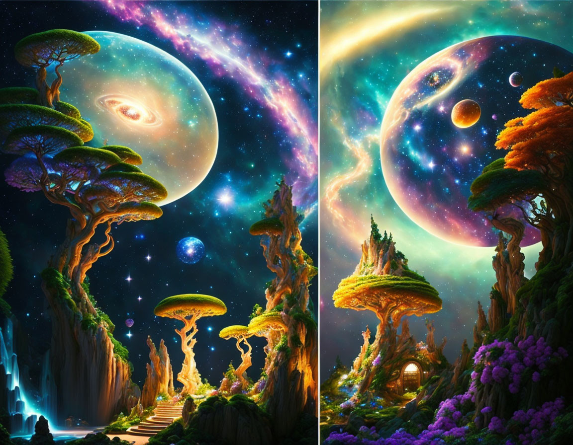 Fantastical landscape with colossal tree-like structures, waterfall, cosmic sky