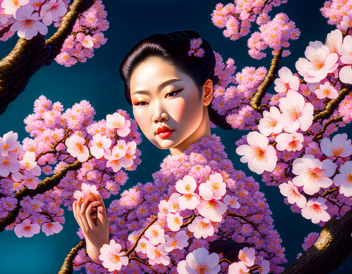 Digital Art: Elegant Geisha Woman Among Cherry Blossoms