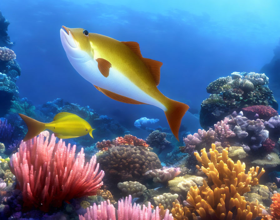 Colorful underwater scene with yellow and white fish and vibrant coral reefs