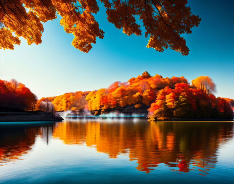 Scenic autumn foliage reflected in calm lake under blue sky