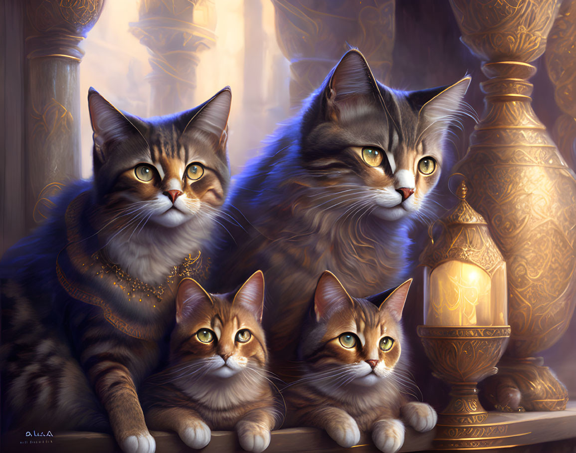 Realistic cats with striking eyes in regal room with golden artifacts