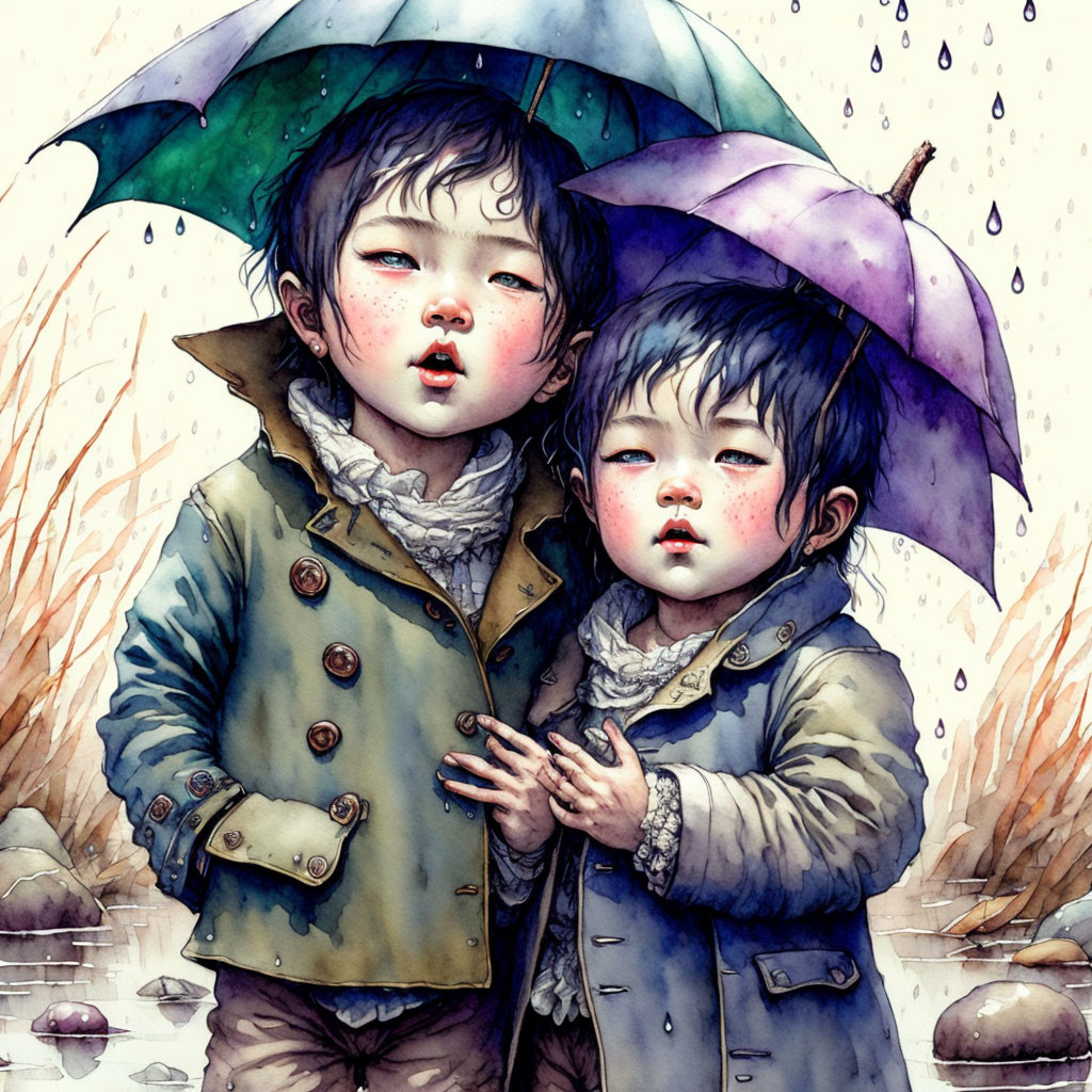 Children with green and purple umbrella in the rain, dressed in winter coats