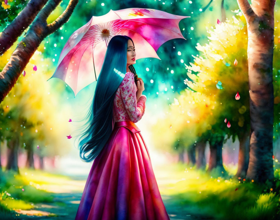 Woman in Pink Dress with Umbrella in Enchanted Forest