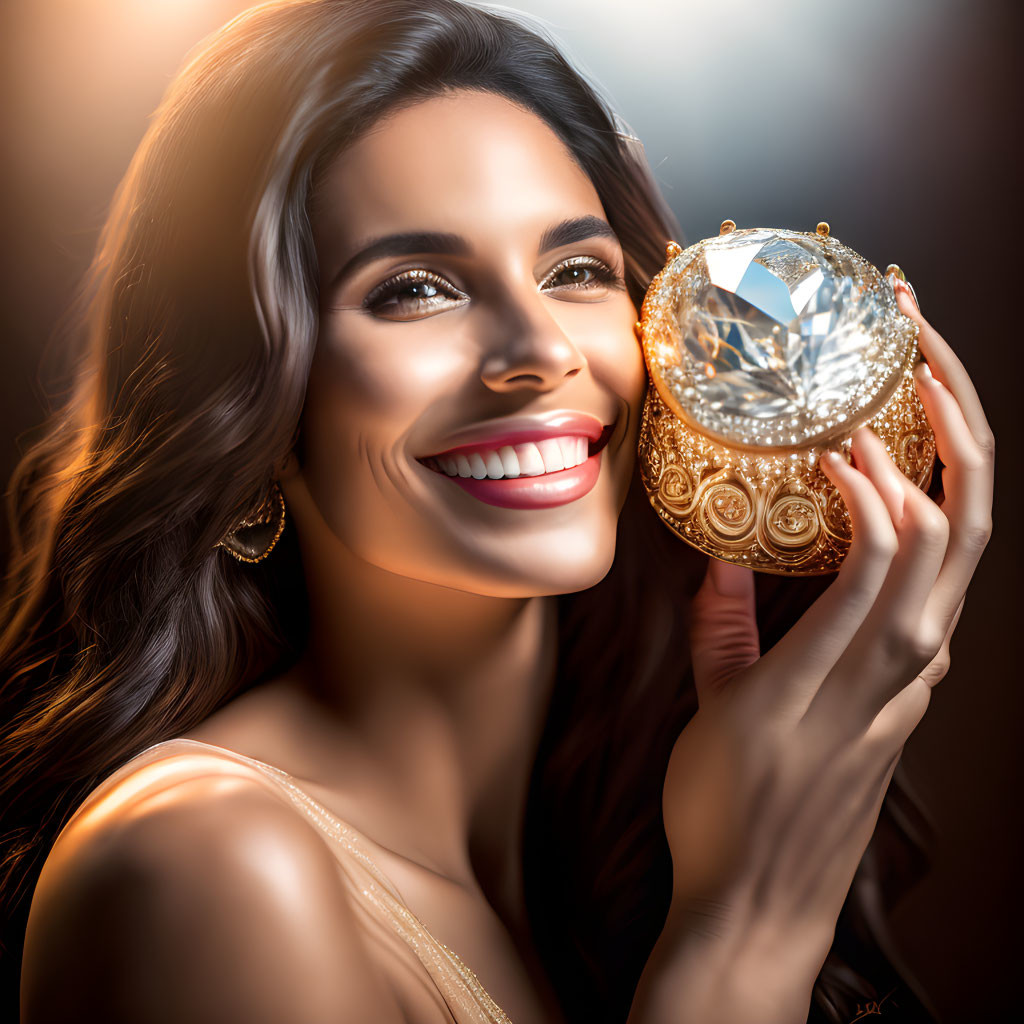 Smiling woman holding sparkling ornate object