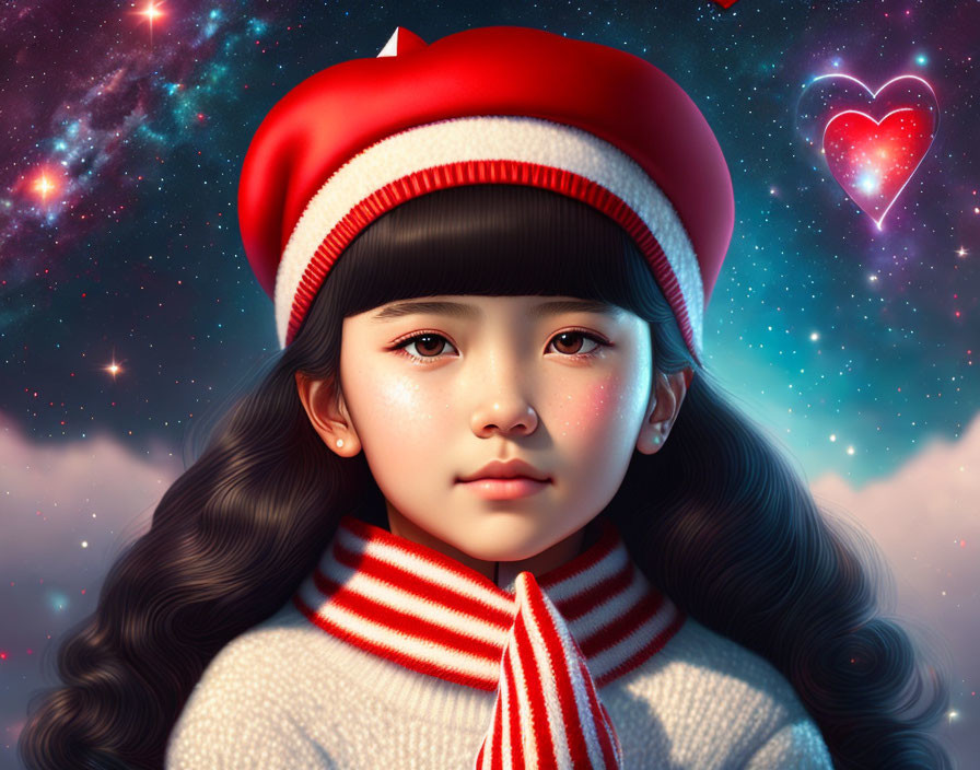 Young girl with rosy cheeks in red beret and striped scarf under starry sky