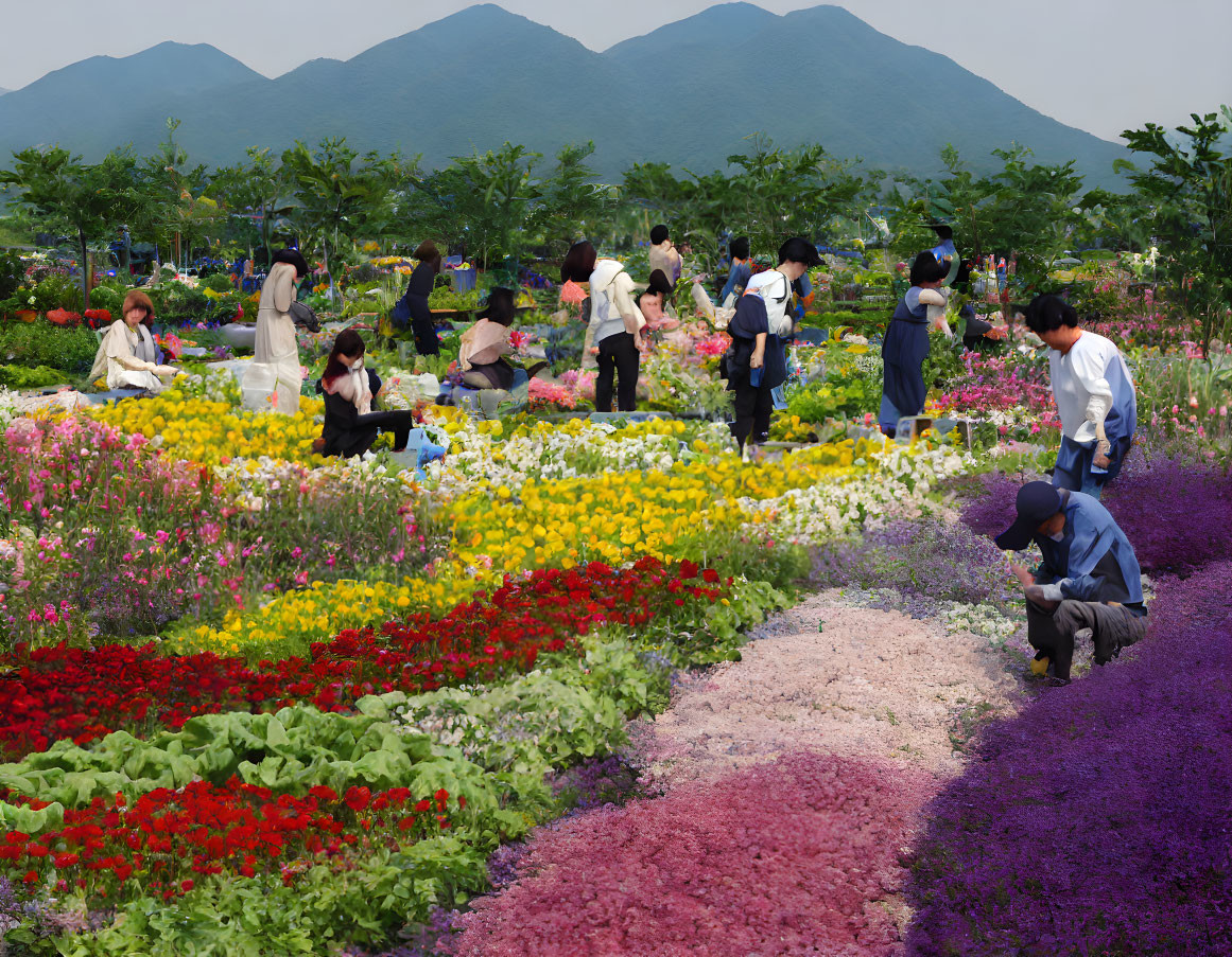 Vibrant garden with colorful flowers and green hills under clear sky