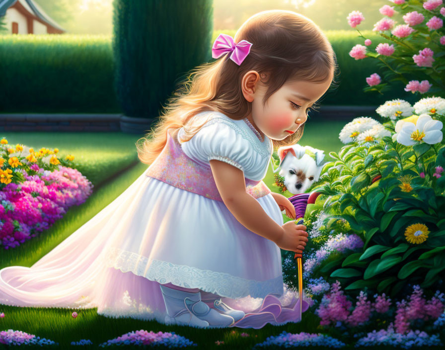 Young girl in white dress with pink bow adores small white puppy in vibrant garden scene