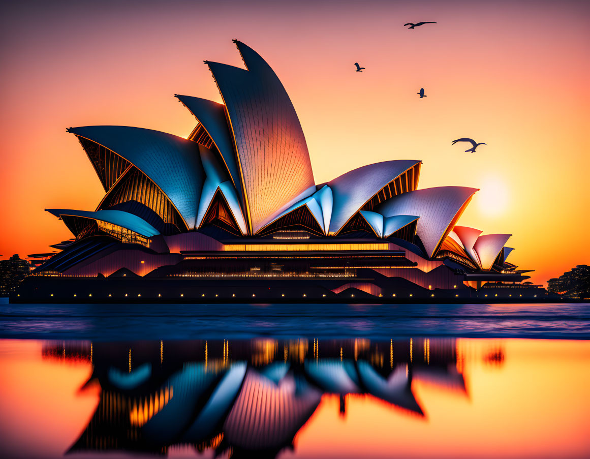 Iconic Sydney Opera House at sunset with birds and reflection in water