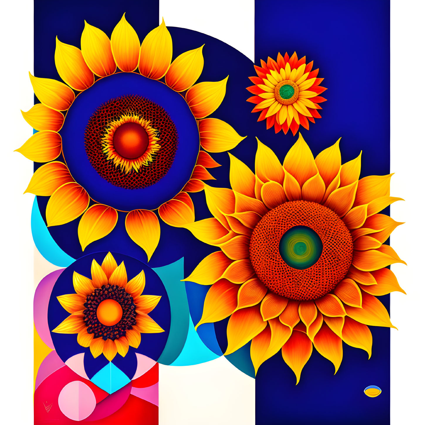 Colorful digital artwork: stylized sunflowers with geometric patterns and bold colors on abstract backdrop