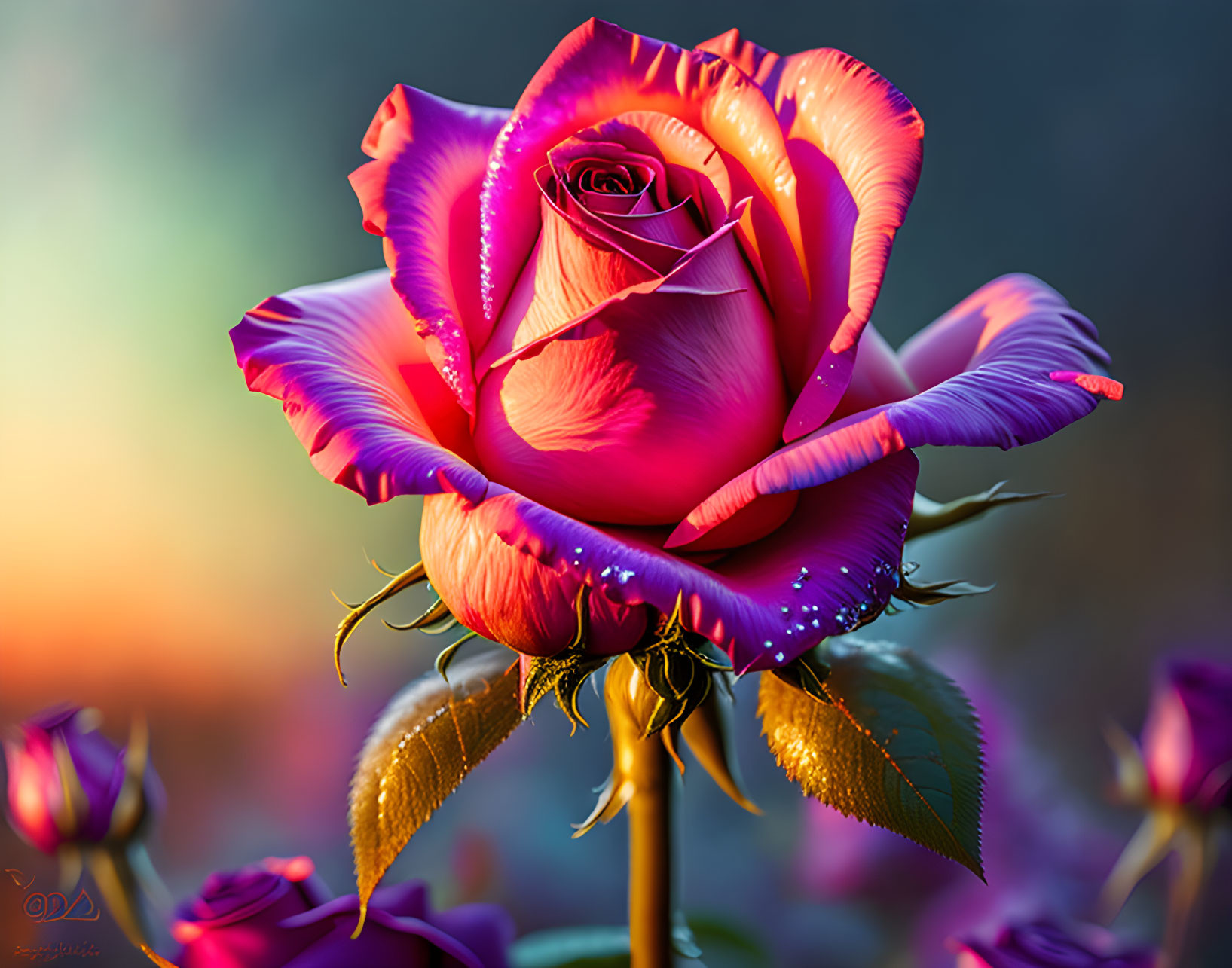 Vibrant purple and pink rose with water droplets on warm blurry background