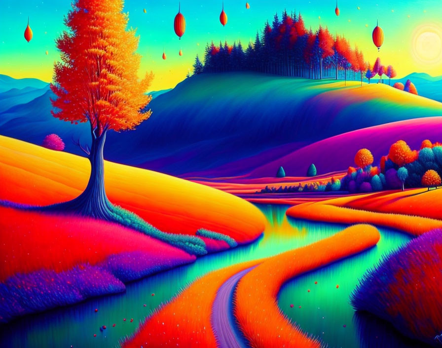 Colorful autumn tree, rolling hills, serene river, and hot air balloons in surreal landscape