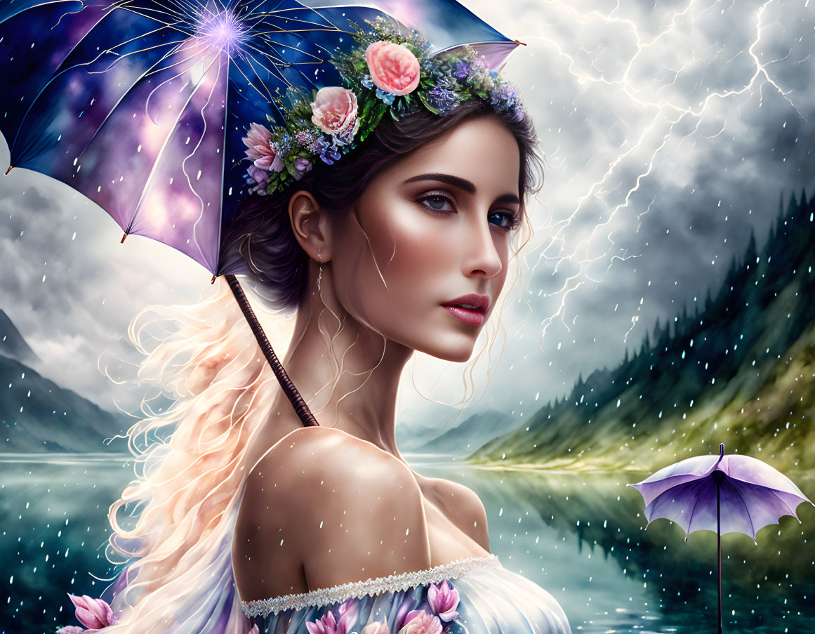 Digital Artwork: Woman with Floral Crown and Umbrella in Stormy Mountain Lake Setting