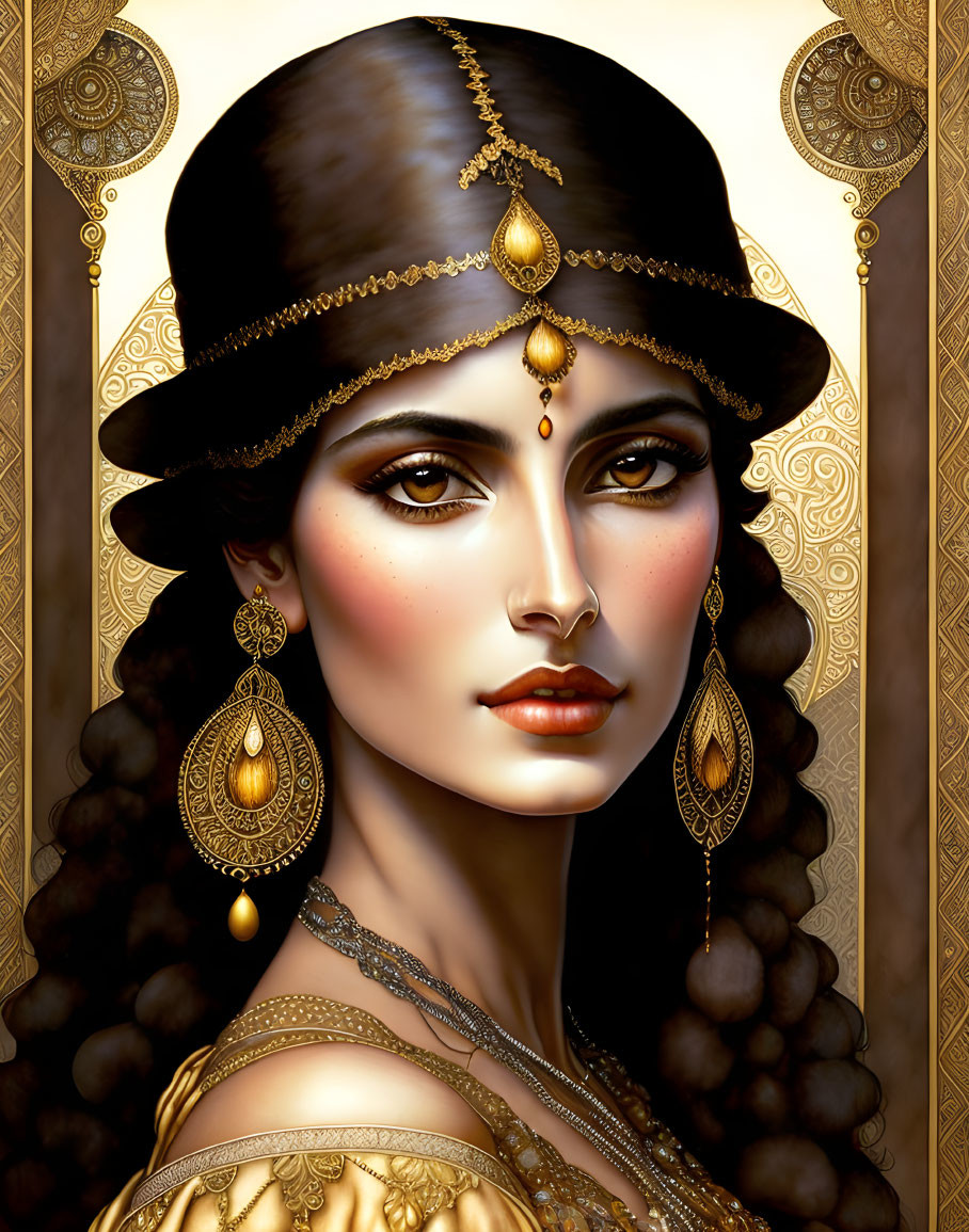 Woman's digital art portrait with ornate gold jewelry and headpiece.