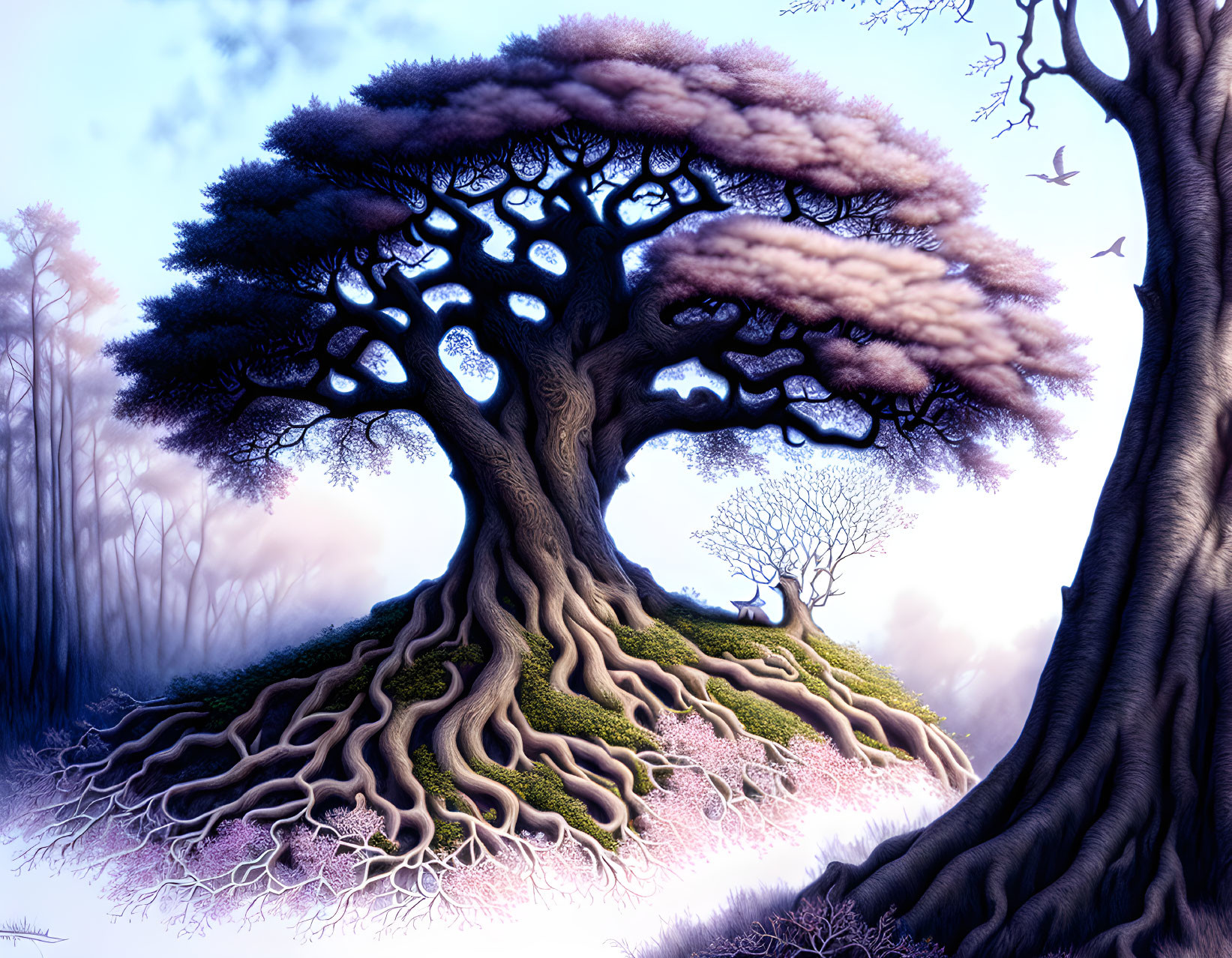 Whimsical tree illustration with heart-shaped holes in canopy